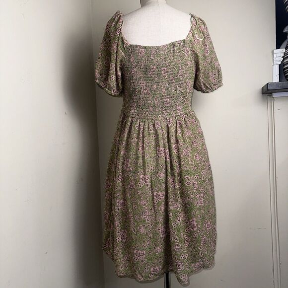 NWT Japna Olive Green Pink Floral Smocked Dress Puffy Sleeves Sz Xtra Large XL - Picture 7 of 8